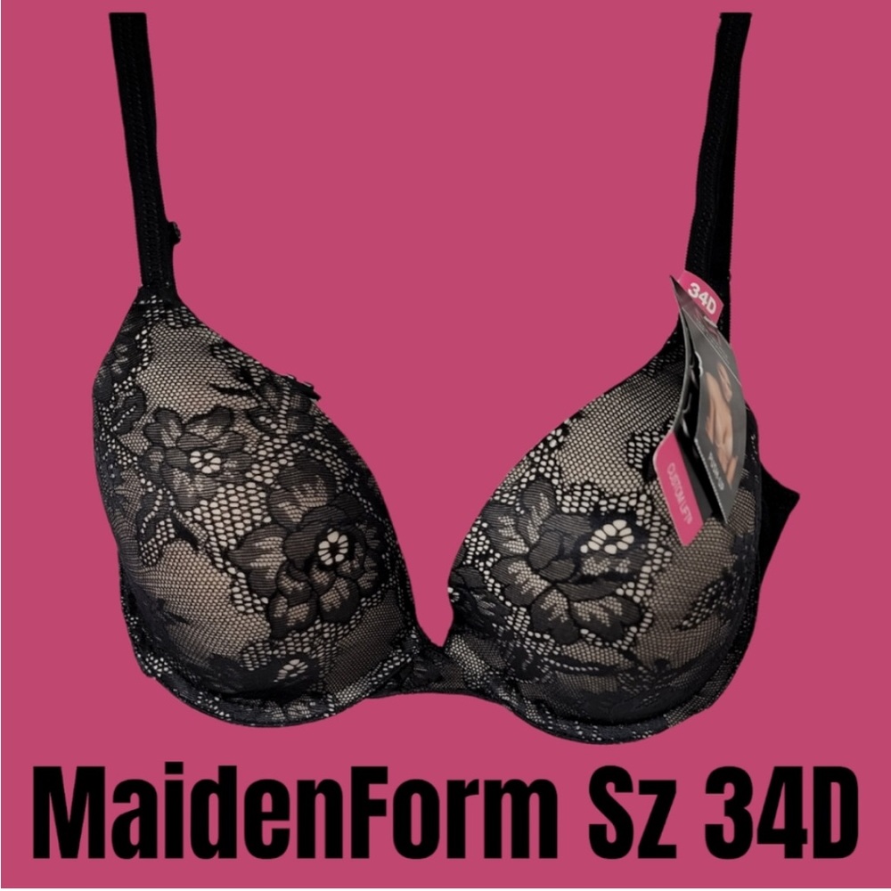 MaidenForm Black Lacy Push Up Bra Sz 34d